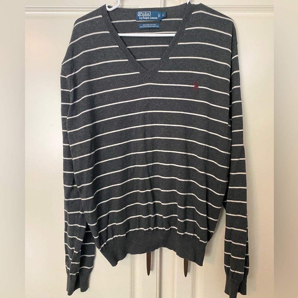 Polo by Ralph Lauren, Size L, Dark Grey and cream strips, Sweater, Men’s, EUC